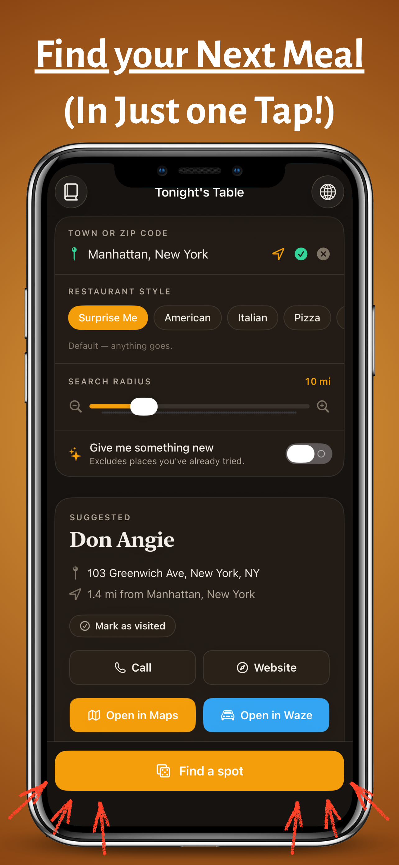 Tonight's Table app showing a suggested restaurant: Don Angie at 103 Greenwich Ave, New York, with options to call, visit the website, open in Maps, or open in Waze.