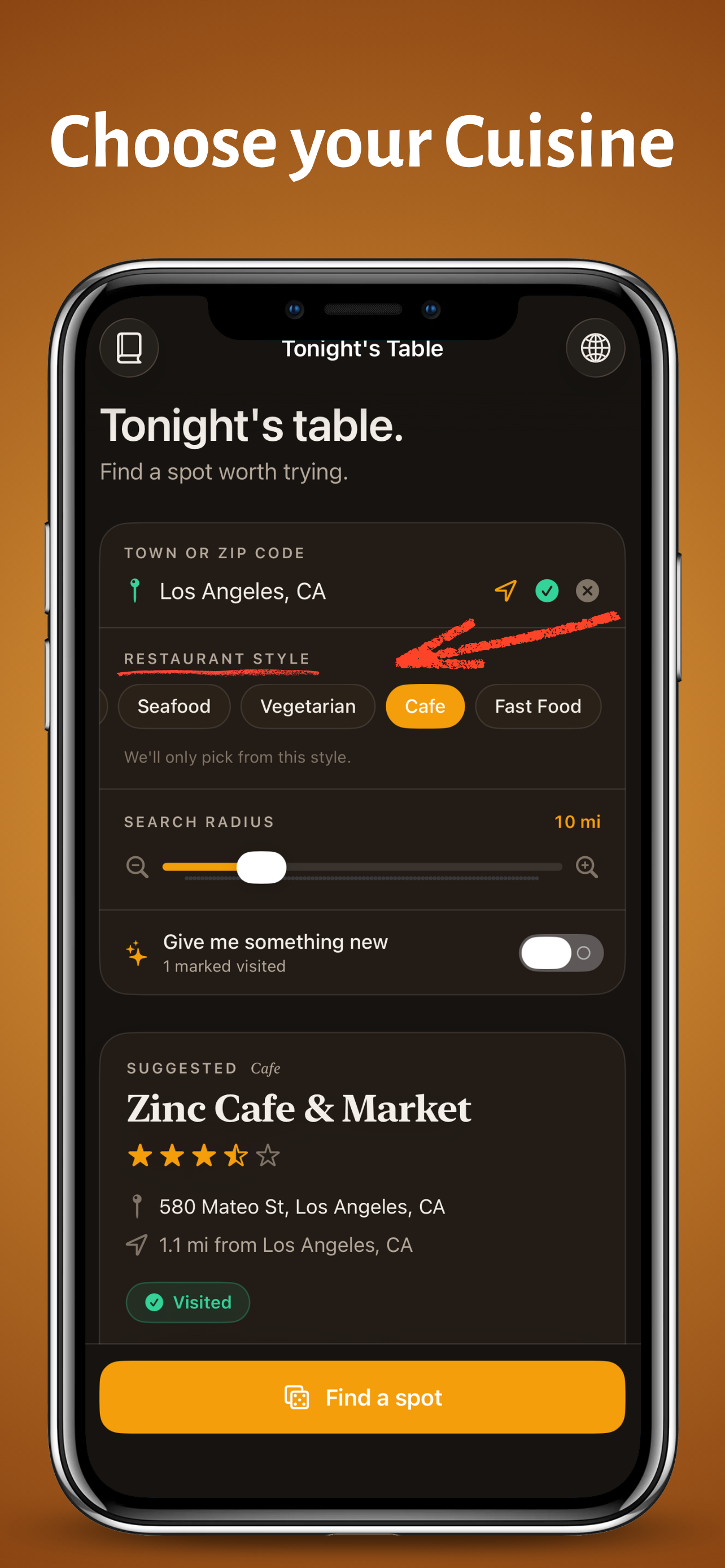 Tonight's Table with the Café cuisine chip selected, showing Zinc Cafe & Market in Los Angeles.