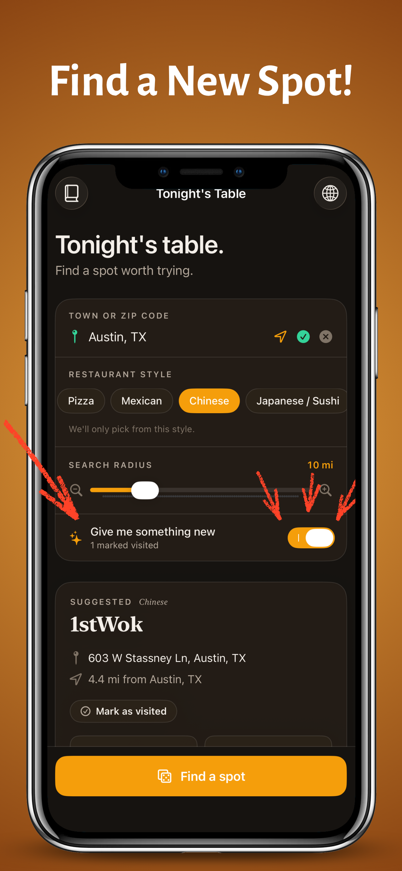 Tonight's Table with the 'Give me something new' toggle on, hiding one previously visited restaurant.
