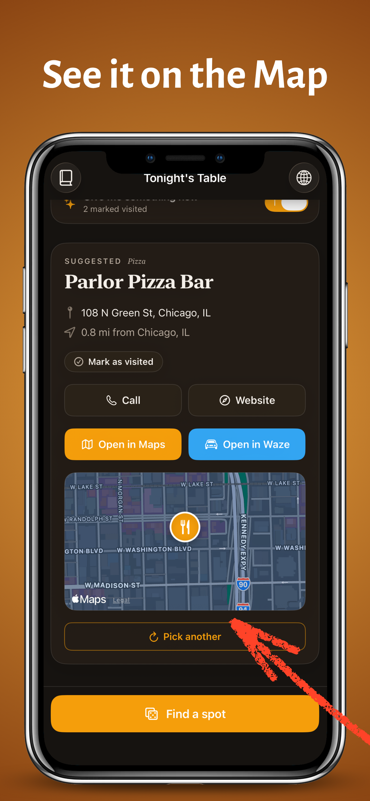 Tonight's Table showing a map preview with a custom marker on Parlor Pizza Bar in Chicago.