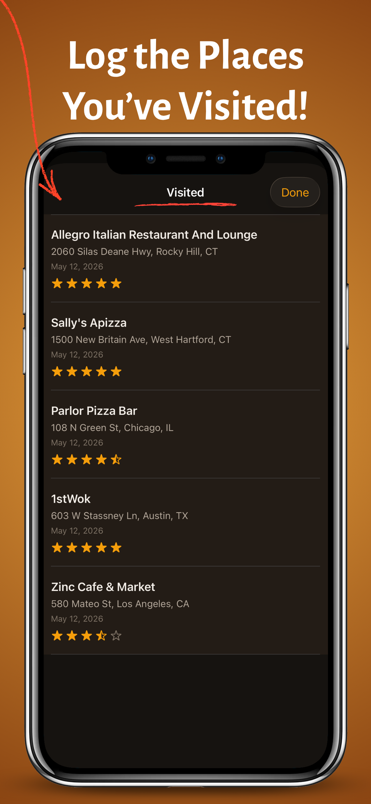 Tonight's Table visited log listing five restaurants with star ratings and dates visited.